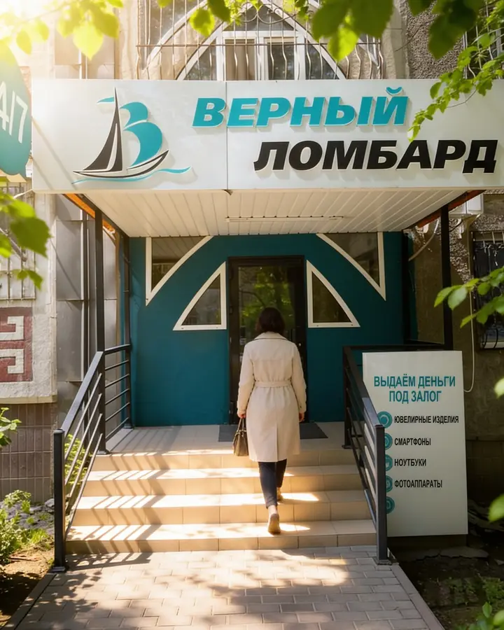 Вход в отделение Верного Ломбарда: вывеска с парусником, бирюзовый вход, ступени